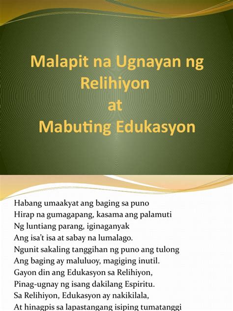 Malapit na ugnayan ng relihiyon at mabuting edukasyon poem